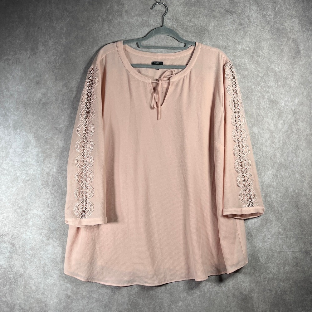 Talbots Top Womens 3X Pink Lace Trim Long Sleeve Tie Neck Lined Career Office